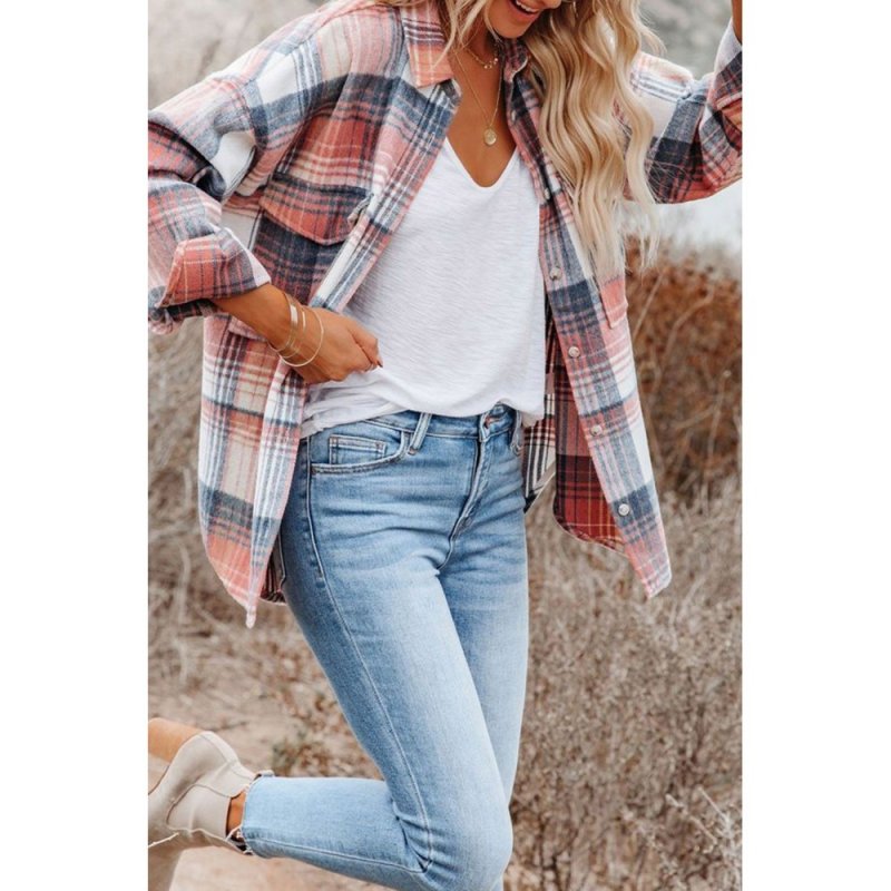 Pink Plaid Flap Pockets Shacket - from category Jackets & Coats (Dsipark.com | Best Online Shopping Website for Discounted Deals)