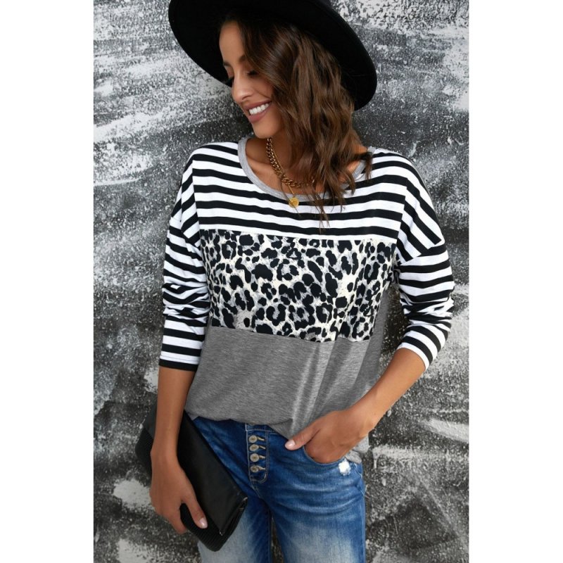Striped Leopard Block Splicing Long Sleeve Top - from category Long Sleeve Tops (Dsipark.com | Best Online Shopping Website for Discounted Deals)