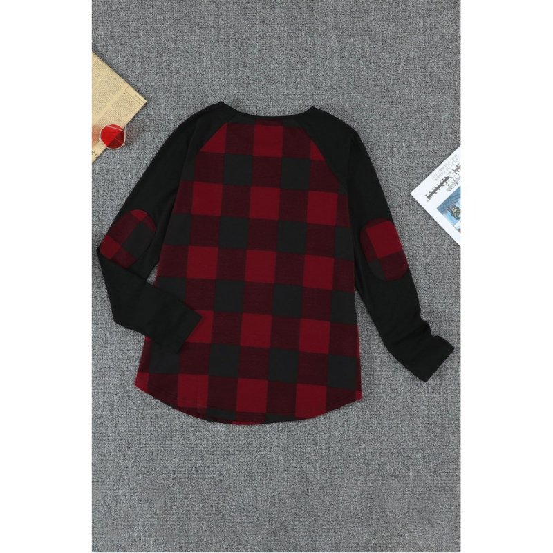 Red Plaid Long Sleeve Top with Elbow Patch - from category Long Sleeve Tops (Dsipark.com | Best Online Shopping Website for Discounted Deals)