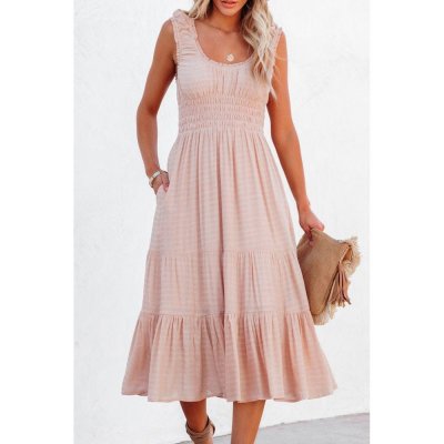 Apricot Smocked Ruched Sleeveless High Waist Midi Dress
