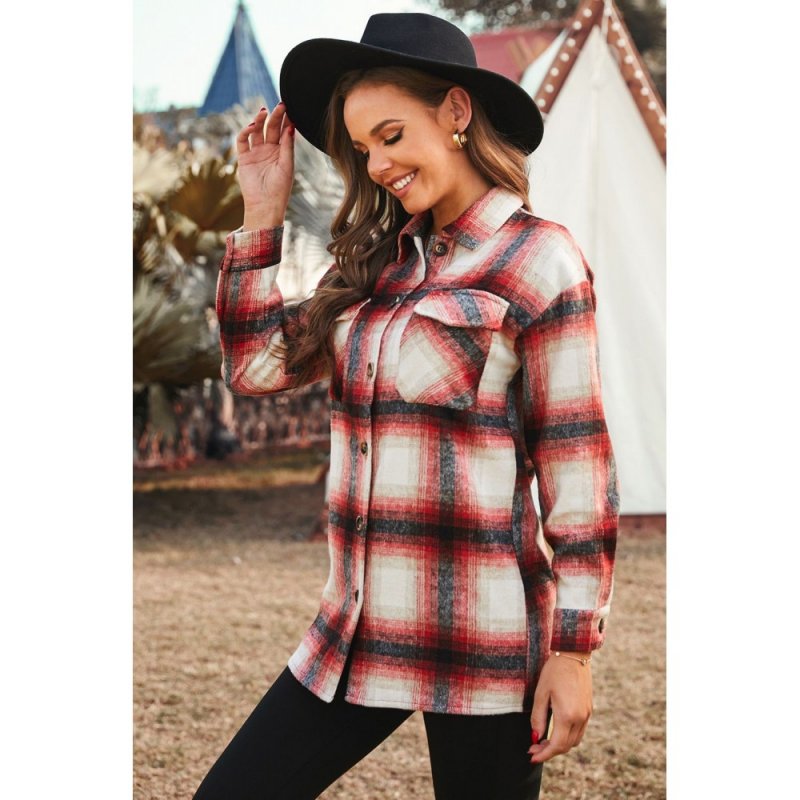 Red Turn down Neck Plaid Pocket Button Closure Coat - from category Jackets & Coats (Dsipark.com | Best Online Shopping Website for Discounted Deals)