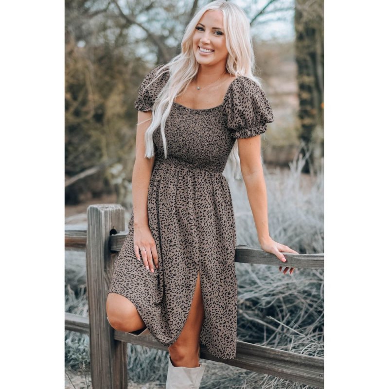 Brown Leopard Square Neck Puff Sleeve Smocking Dress - from category Midi Dresses (Dsipark.com | Best Online Shopping Website for Discounted Deals)