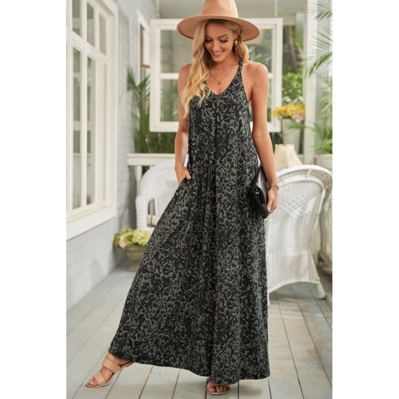Green Leopard Sleeveless Cut-out Pocketed Maxi Dress - from category Maxi Dresses (Dsipark.com | Best Online Shopping Website for Discounted Deals)