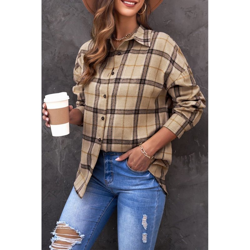 Brown Button-up Long Sleeve Plaid Shacket - from category Jackets & Coats (Dsipark.com | Best Online Shopping Website for Discounted Deals)