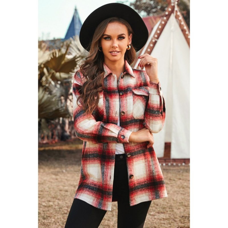 Red Turn down Neck Plaid Pocket Button Closure Coat - from category Jackets & Coats (Dsipark.com | Best Online Shopping Website for Discounted Deals)