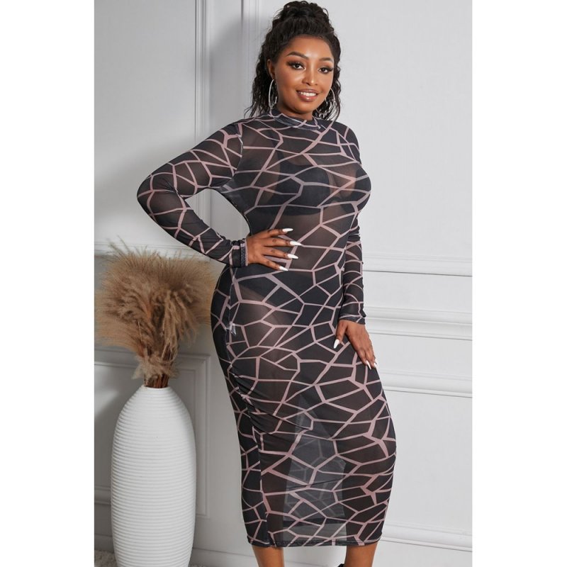 Geometric Print See-through Mesh Plus Size Midi Dress - from category Midi Dresses (Dsipark.com | Best Online Shopping Website for Discounted Deals)