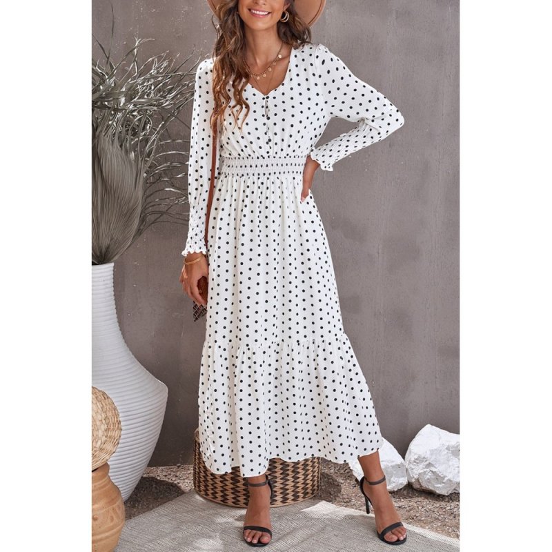 White V Neck Lantern Sleeve Elastic Waist Polka Dot Dress - from category Maxi Dresses (Dsipark.com | Best Online Shopping Website for Discounted Deals)