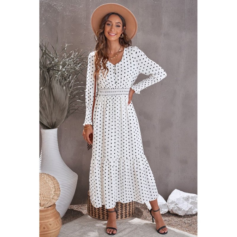 White V Neck Lantern Sleeve Elastic Waist Polka Dot Dress - from category Maxi Dresses (Dsipark.com | Best Online Shopping Website for Discounted Deals)