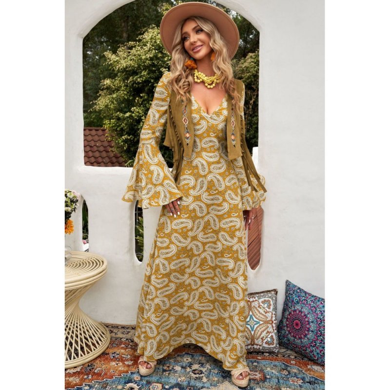 Yellow Bohemian V Neck Bell Sleeves Paisley Print Maxi Dress - from category Maxi Dresses (Dsipark.com | Best Online Shopping Website for Discounted Deals)