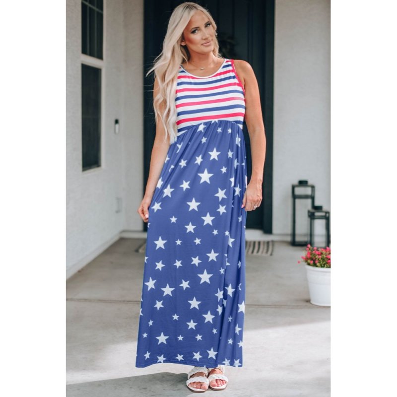 Blue Stripes and Stars Sleeveless Maxi Dress with Pockets - from category Maxi Dresses (Dsipark.com | Best Online Shopping Website for Discounted Deals)