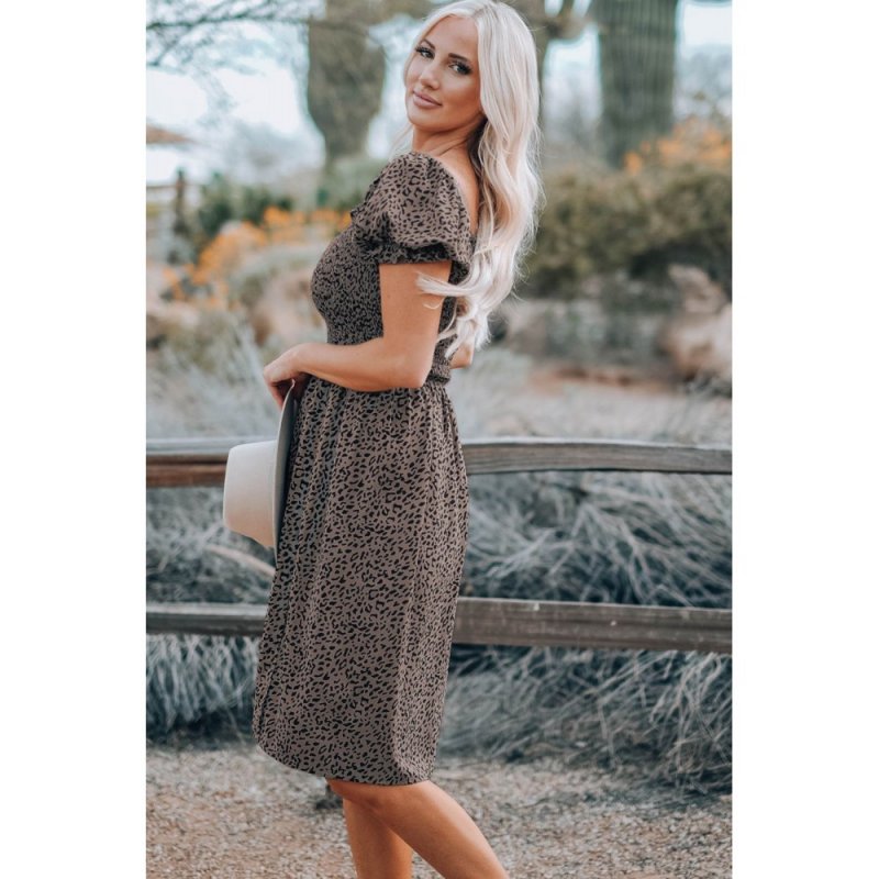Brown Leopard Square Neck Puff Sleeve Smocking Dress - from category Midi Dresses (Dsipark.com | Best Online Shopping Website for Discounted Deals)