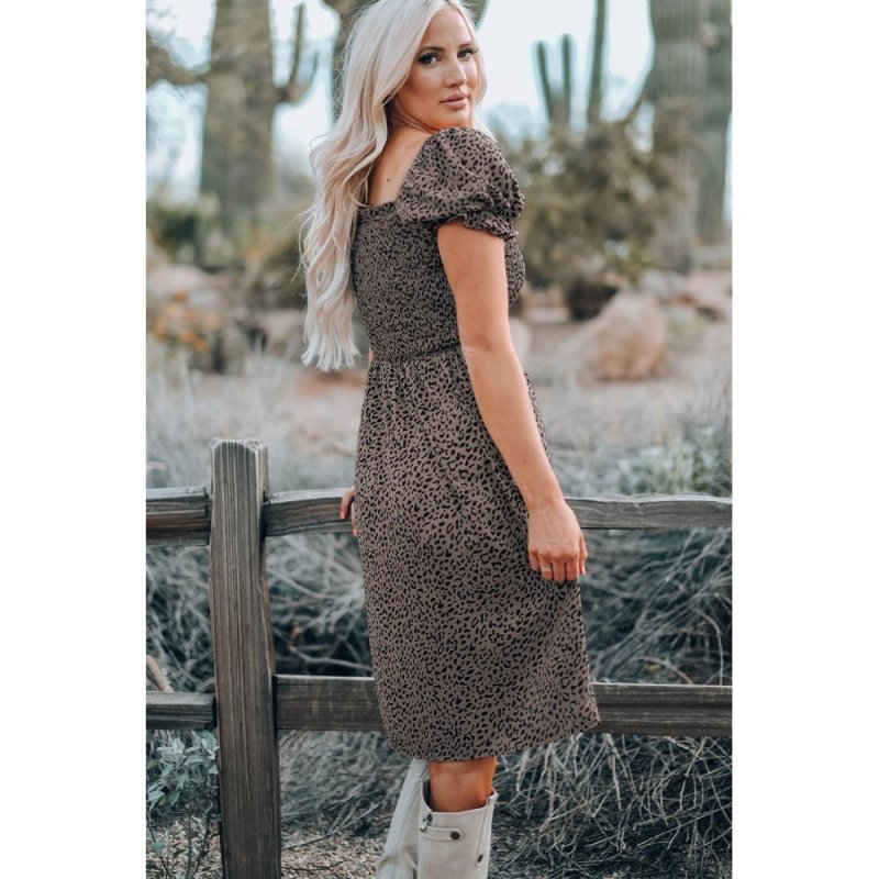 Brown Leopard Square Neck Puff Sleeve Smocking Dress - from category Midi Dresses (Dsipark.com | Best Online Shopping Website for Discounted Deals)