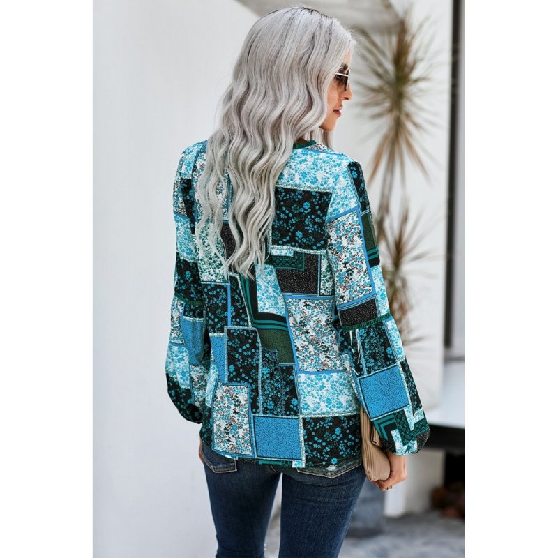 Blue Bohemian Floral Print Patchwork Top - from category Long Sleeve Tops (Dsipark.com | Best Online Shopping Website for Discounted Deals)
