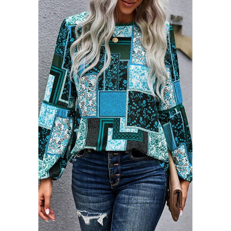Blue Bohemian Floral Print Patchwork Top - from category Long Sleeve Tops (Dsipark.com | Best Online Shopping Website for Discounted Deals)