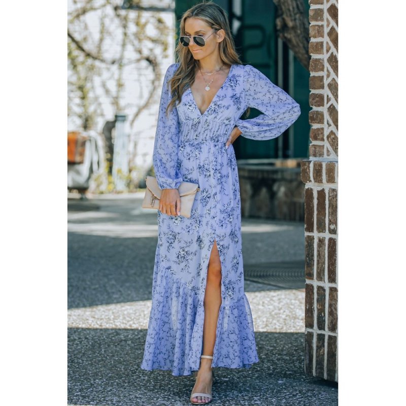 Sky Blue Floral Print Bubble Sleeves Hollow-out Back Maxi Dress - from category Maxi Dresses (Dsipark.com | Best Online Shopping Website for Discounted Deals)