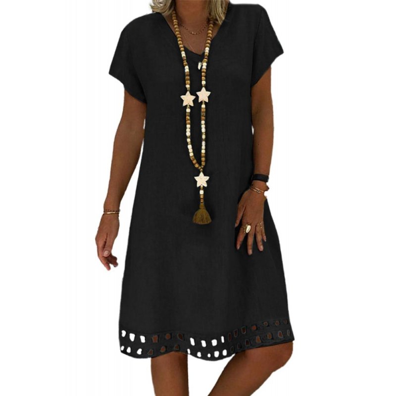 Black V Neck Short Sleeve Hollow-out Hem Midi Dress - from category Midi Dresses (Dsipark.com | Best Online Shopping Website for Discounted Deals)