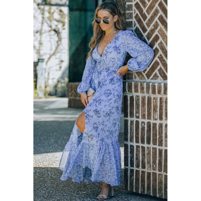 Sky Blue Floral Print Bubble Sleeves Hollow-out Back Maxi Dress - from category Maxi Dresses (Dsipark.com | Best Online Shopping Website for Discounted Deals)