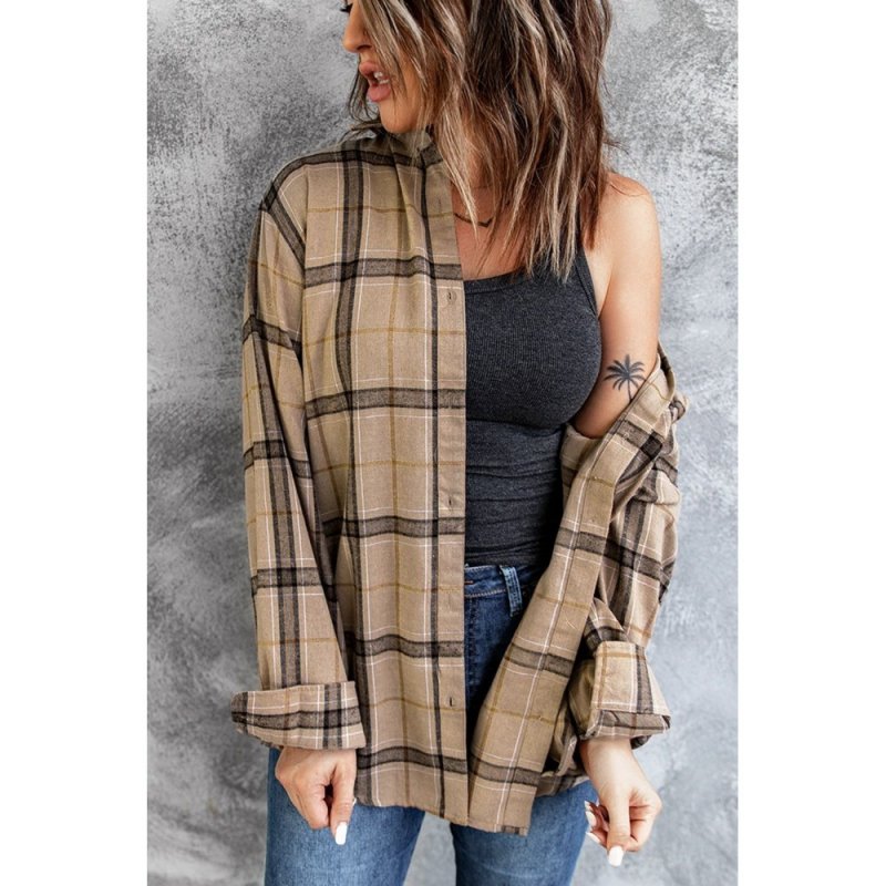 Brown Button-up Long Sleeve Plaid Shacket - from category Jackets & Coats (Dsipark.com | Best Online Shopping Website for Discounted Deals)