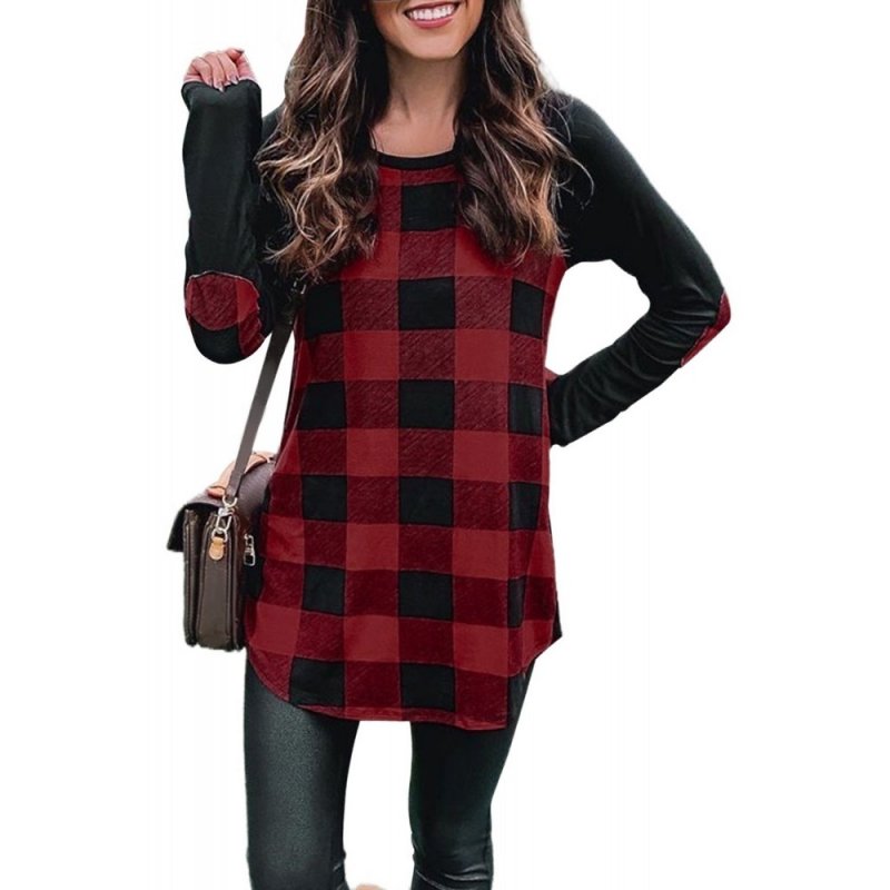 Red Plaid Long Sleeve Top with Elbow Patch - from category Long Sleeve Tops (Dsipark.com | Best Online Shopping Website for Discounted Deals)