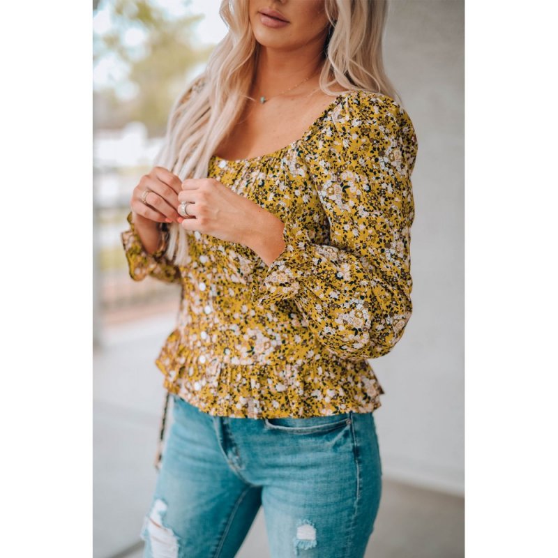 Yellow Square Neck Smocked Floral Top - from category Long Sleeve Tops (Dsipark.com | Best Online Shopping Website for Discounted Deals)