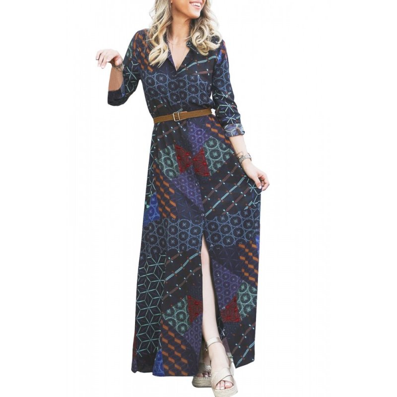 Navy Green Boho Print Belted Maxi Shirt Dress - from category Maxi Dresses (Dsipark.com | Best Online Shopping Website for Discounted Deals)