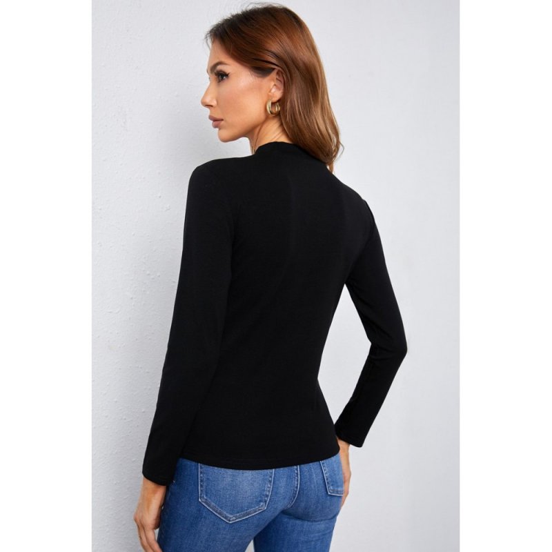 Black Mock Neck Lace Insert Slim Fit Long Sleeve Basic T Shirt - from category Long Sleeve Tops (Dsipark.com | Best Online Shopping Website for Discounted Deals)