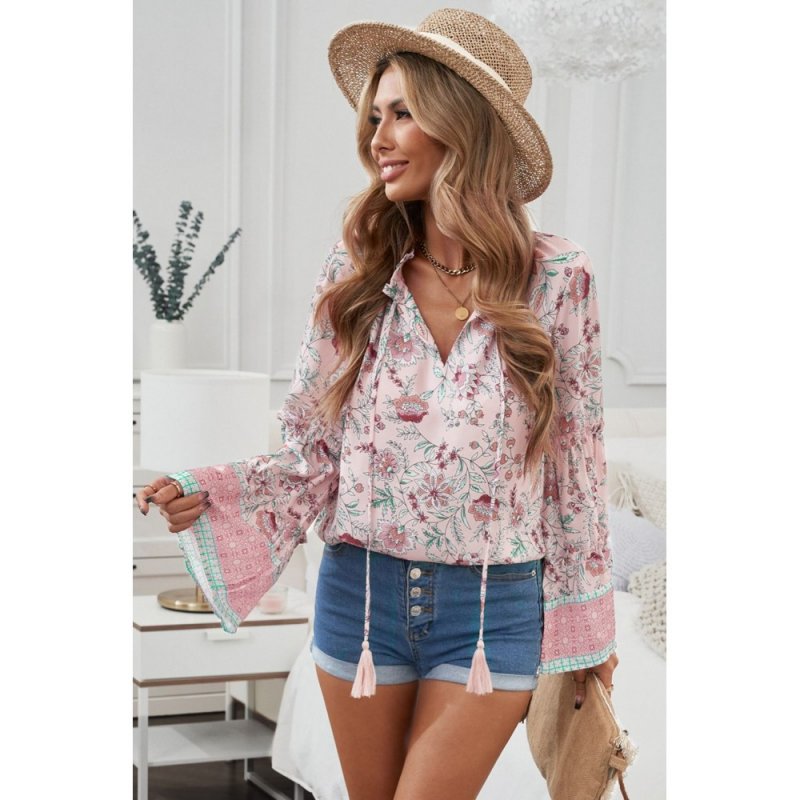 Pink Floral Print V Neck Drawstring Flared Sleeve Top - from category Long Sleeve Tops (Dsipark.com | Best Online Shopping Website for Discounted Deals)