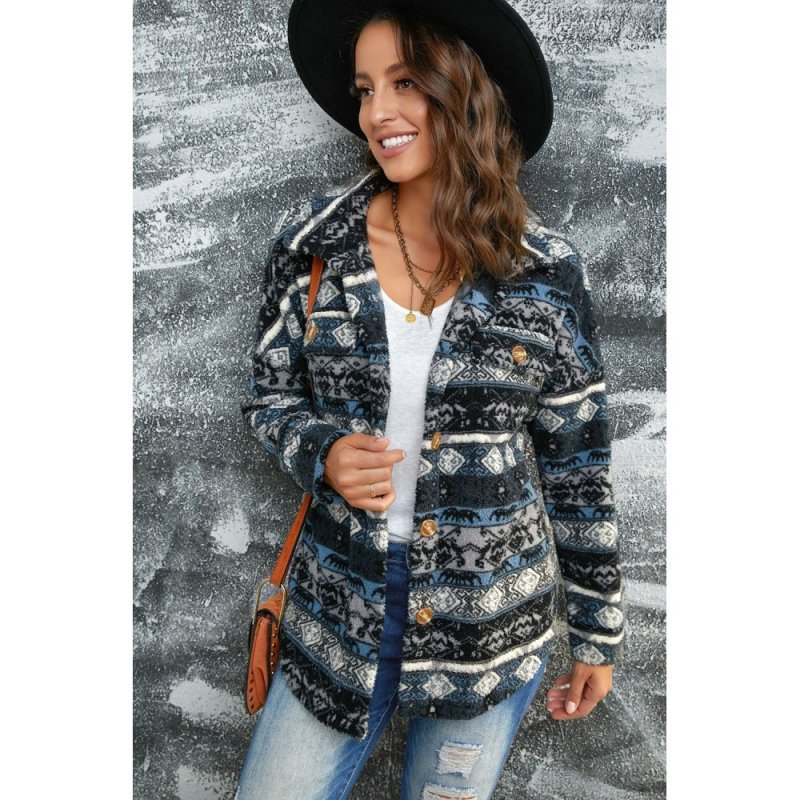 Blue Tribal Print Pocket Buttoned Sherpa Jacket - from category Jackets & Coats (Dsipark.com | Best Online Shopping Website for Discounted Deals)
