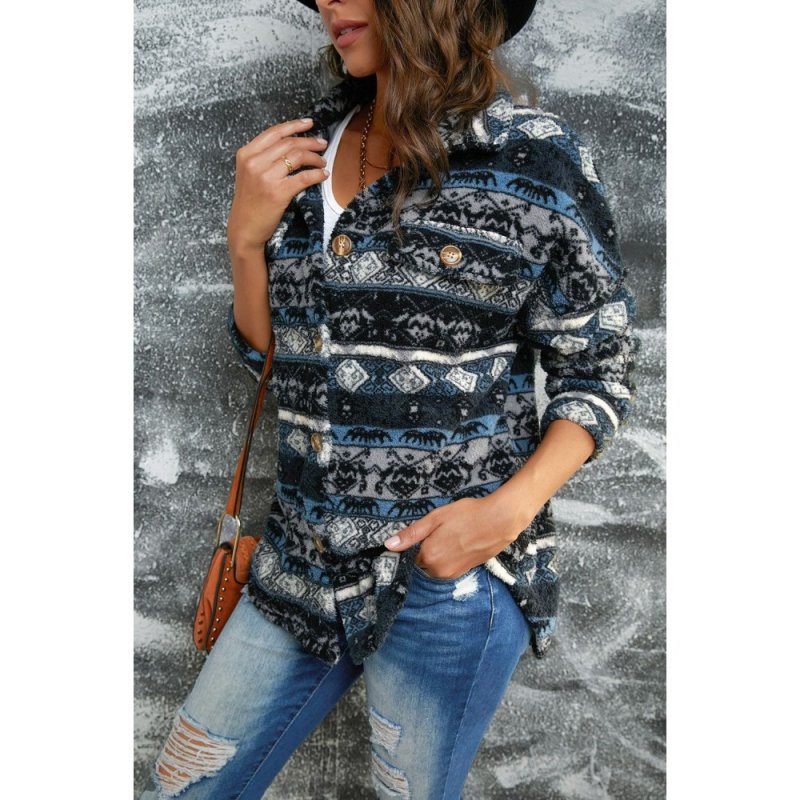 Blue Tribal Print Pocket Buttoned Sherpa Jacket - from category Jackets & Coats (Dsipark.com | Best Online Shopping Website for Discounted Deals)