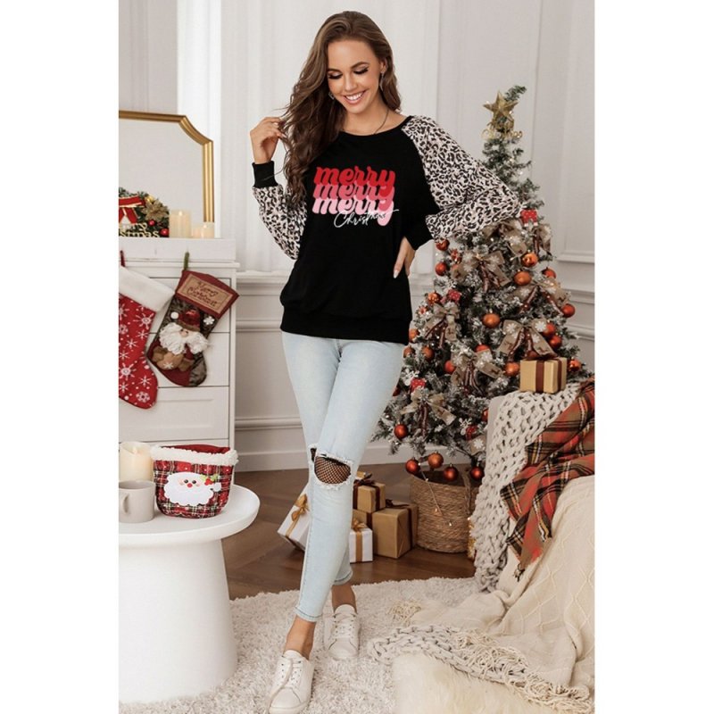 Christmas Letter Print Leopard Long Sleeve Shirt - from category Long Sleeve Tops (Dsipark.com | Best Online Shopping Website for Discounted Deals)
